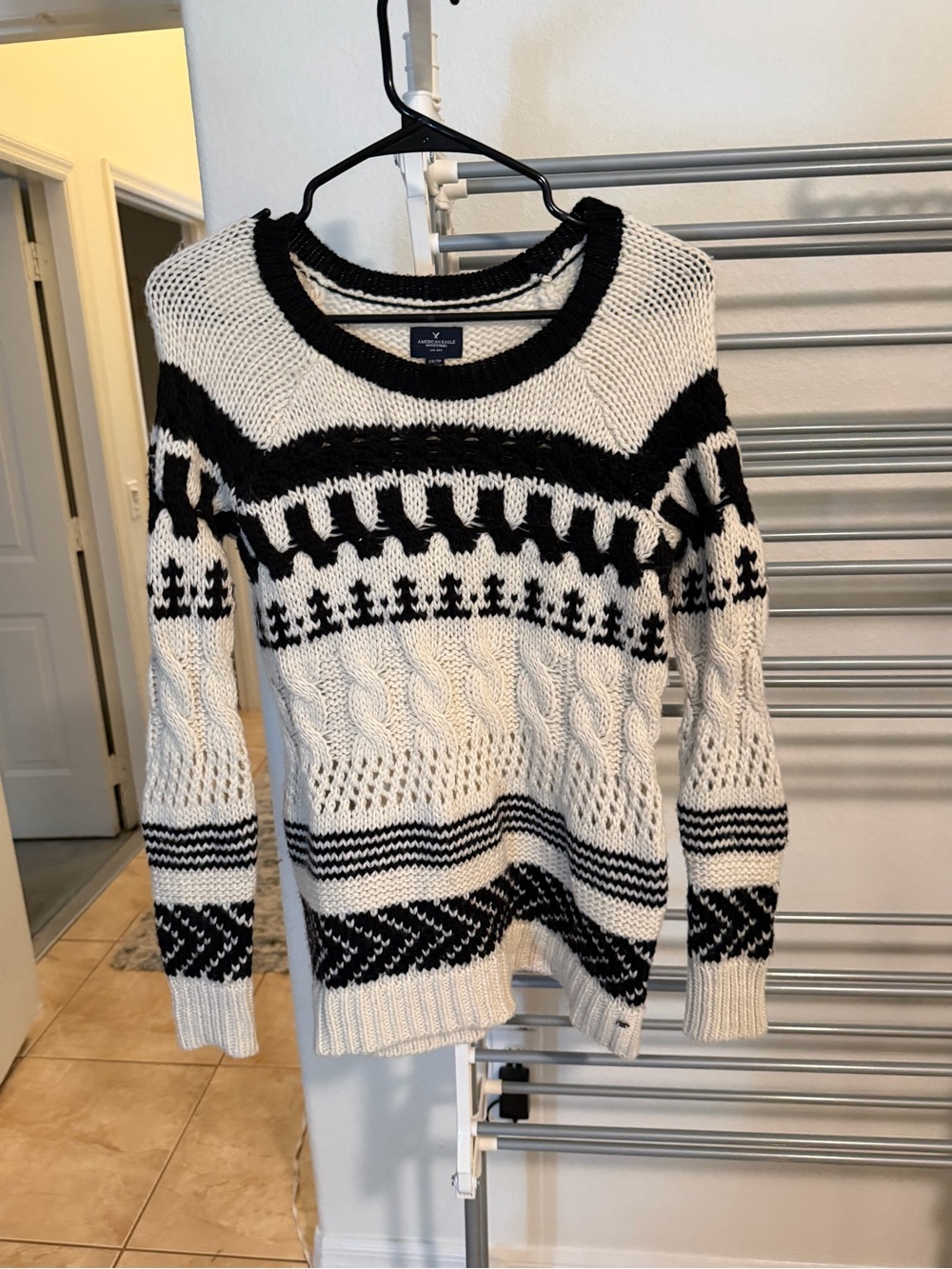 American Eagle Outfitters Black & White Patterned Cable Knit Sweater